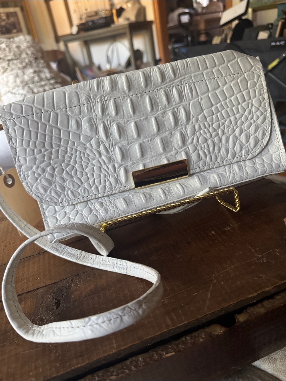 Croc-Embossed White Crossbody with Gold Chain Accent
